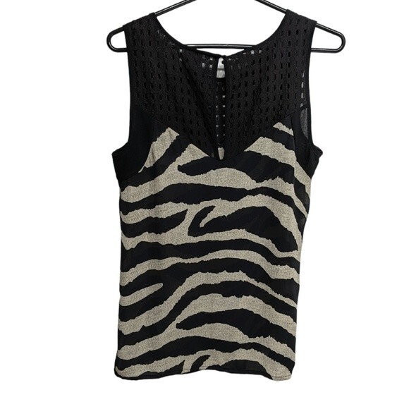 Cabi Top Women Small Sleeveless Laser Cut Neck Panel Zebra Print Blouse S - Picture 2 of 7